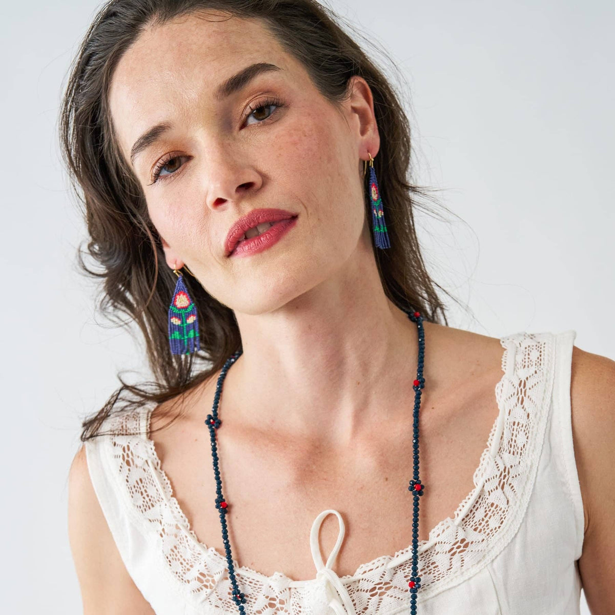 INK + ALLOY - Audrey Small Seed Bead Simgle Poppy Flower Navy
