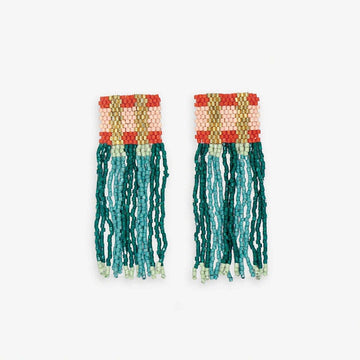 INK + ALLOY - Ava Crossing Colorblock Beaded Fringe Earrings Teal and Poppy Wholesale