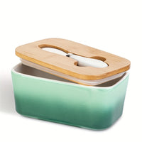 Large Ceramic Butter Dish with Bamboo Lid and Knife
