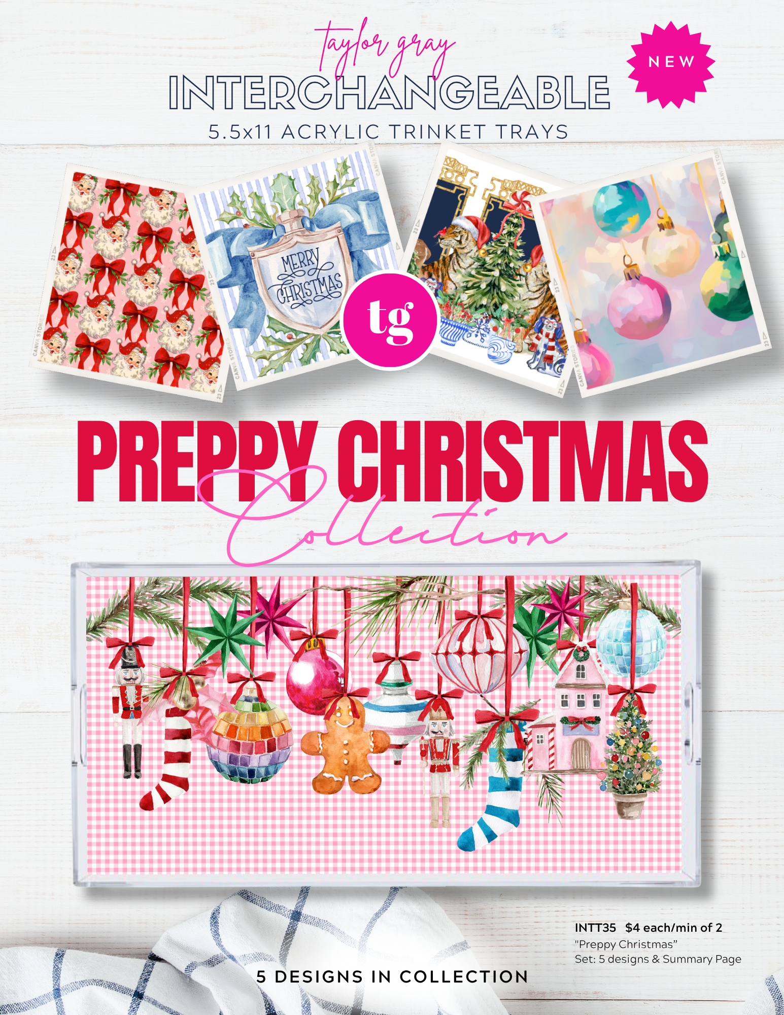 TAYLOR GRAY - 5.5x11 PREPPY CHRISTMAS trinket tray insert set of 5