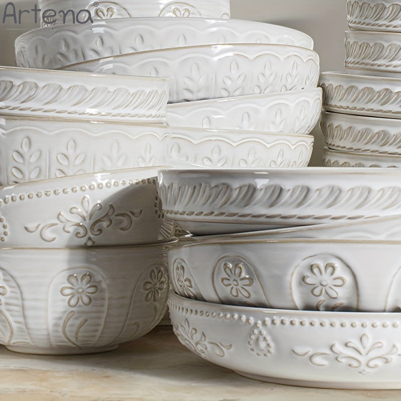 Artena Embossed Damask 24cm Large Ceramic Pasta Bowl
