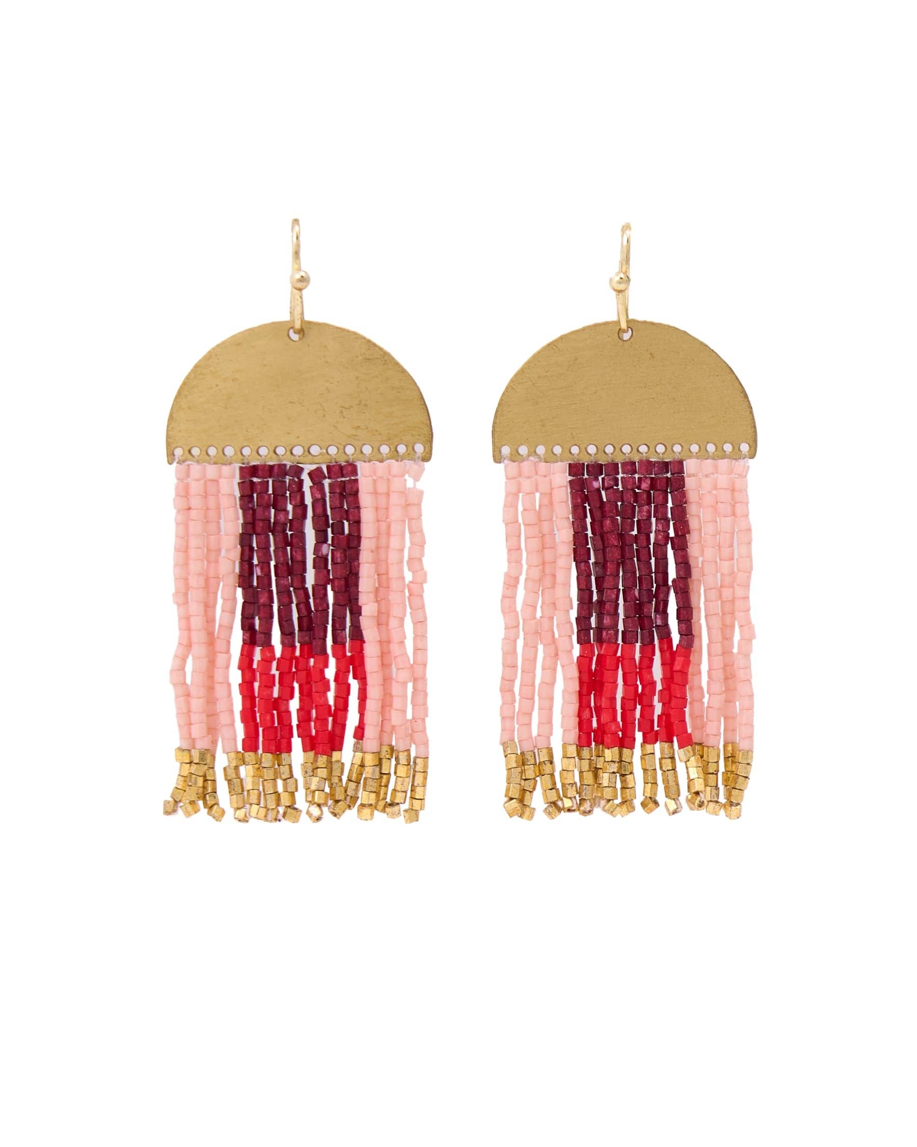 INK + ALLOY - Birdie Geometric Beaded Fringe Earrings Dark Red, Red, Blush, + Gold