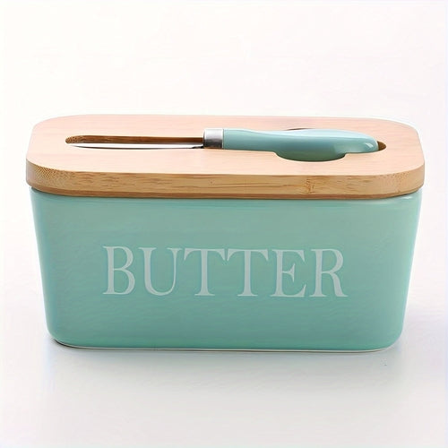 Large Ceramic Butter Dish with Bamboo Lid and Knife