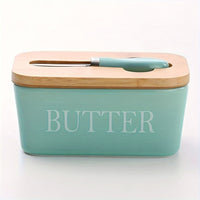 Large Ceramic Butter Dish with Bamboo Lid and Knife