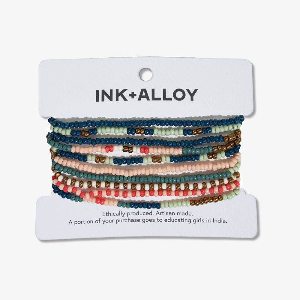 INK + ALLOY - Sage Mixed Stripe Beaded 10 Strand Stretch Bracelet Set Teal + Poppy Wholesale