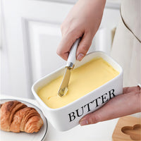 Large Ceramic Butter Dish with Bamboo Lid and Knife