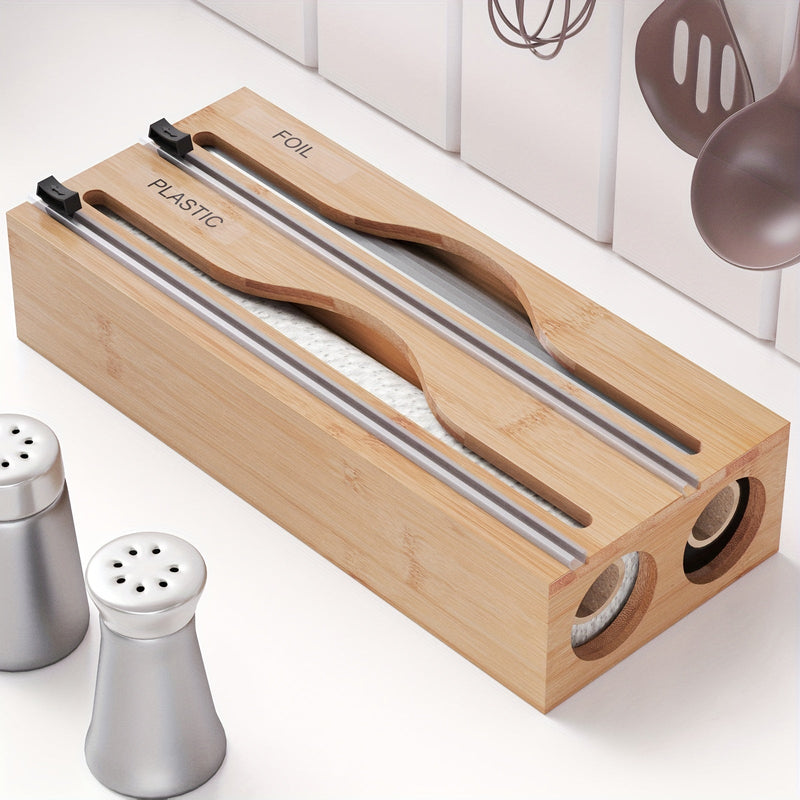 Plastic Film Cutter - Bamboo 2-in-1 Kitchen Wrap Dispenser with Slide