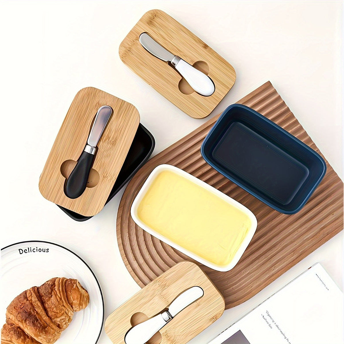 Large Ceramic Butter Dish with Bamboo Lid and Knife