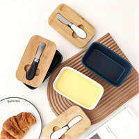 Large Ceramic Butter Dish with Bamboo Lid and Knife