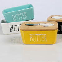 Large Ceramic Butter Dish with Bamboo Lid and Knife