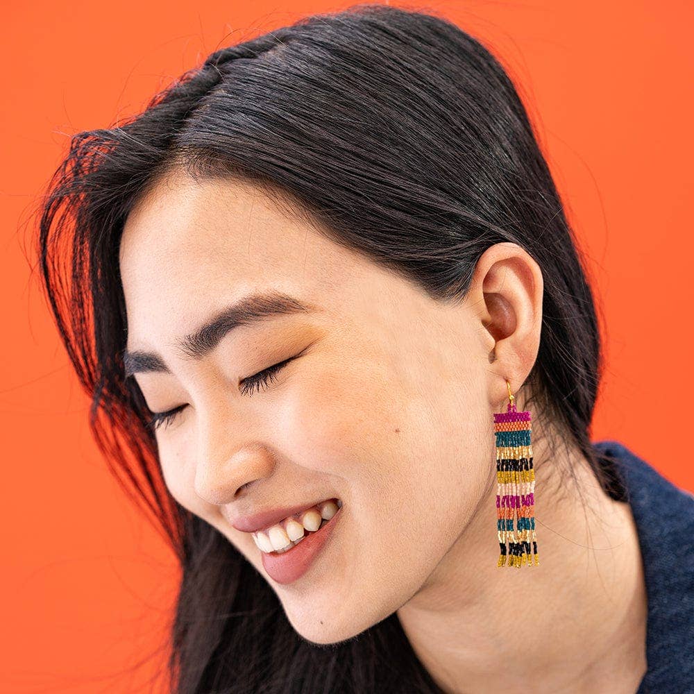 INK + ALLOY - Billie Mixed Horizontal Stripes Beaded Fringe Earrings Jewel Tone Wholesale