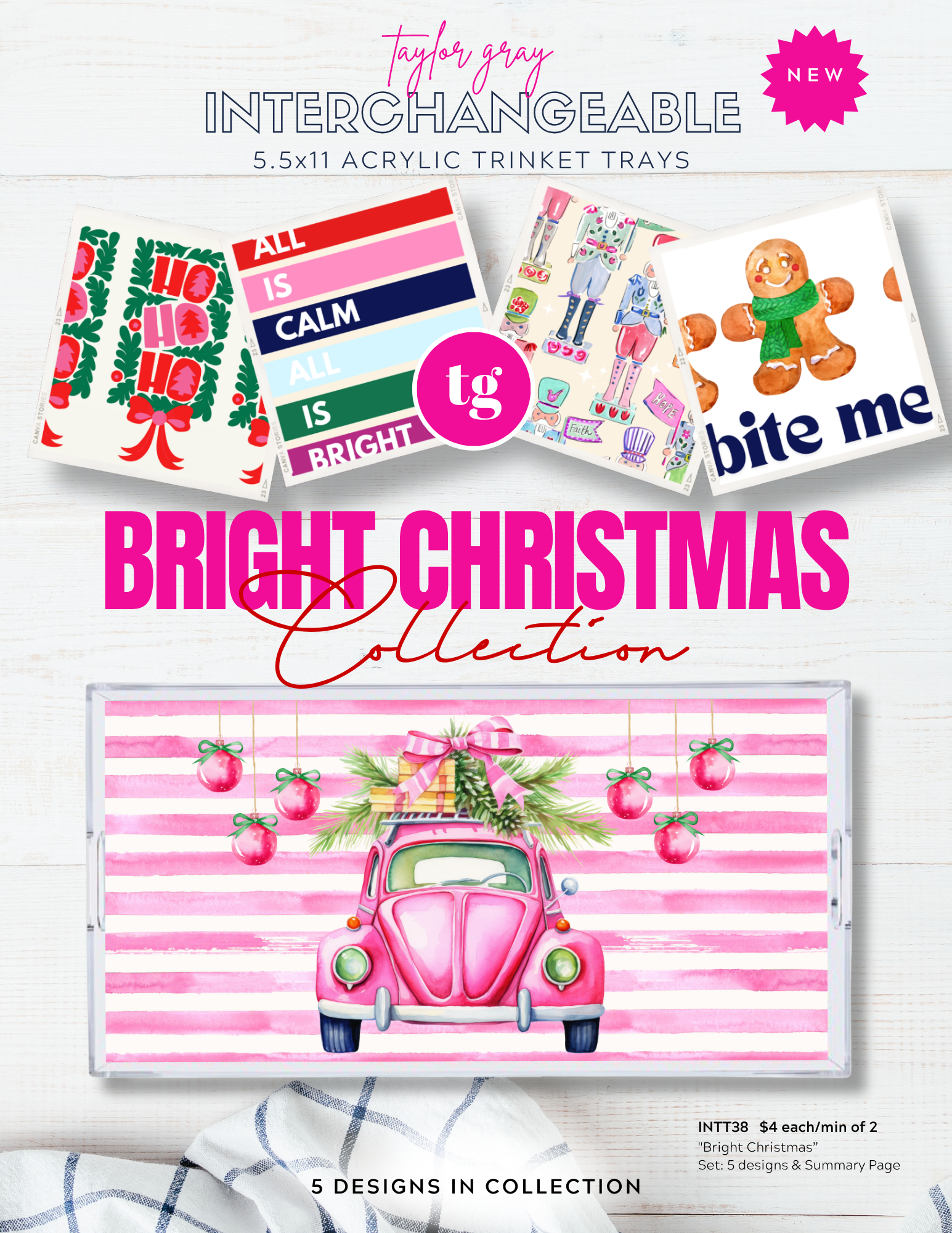 TAYLOR GRAY - 5.5x11 BRIGHT CHRISTMAS trinket tray insert set of 5