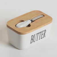Large Ceramic Butter Dish with Bamboo Lid and Knife