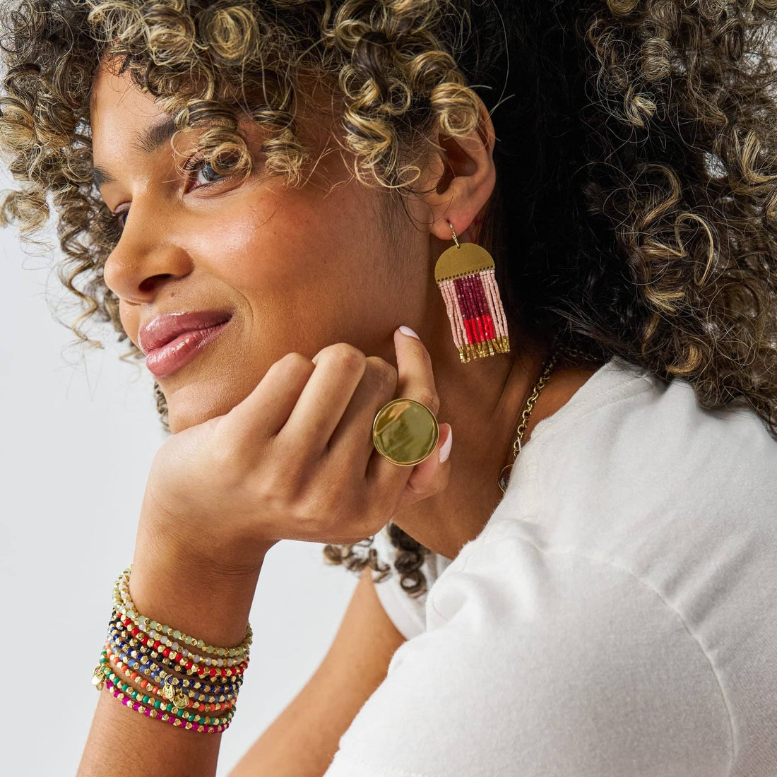 INK + ALLOY - Birdie Geometric Beaded Fringe Earrings Dark Red, Red, Blush, + Gold