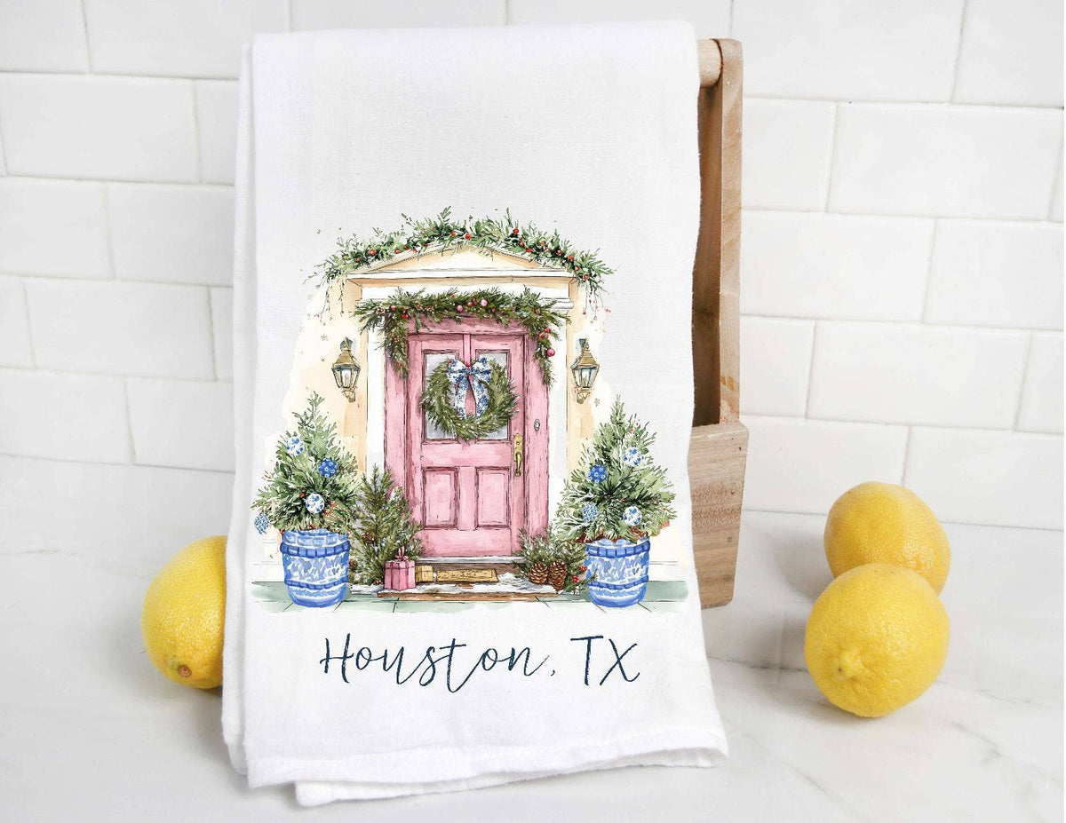 The Preppy Pineapple Home - Personalized Chinoiserie Christmas Door Tea Towel