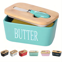 Large Ceramic Butter Dish with Bamboo Lid and Knife