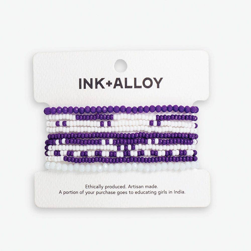 INK + ALLOY - Game Day Color Block Beaded 10 Strand Stretch Bracelet Set Purple and White Wholesale
