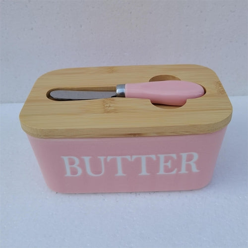 Large Ceramic Butter Dish with Bamboo Lid and Knife