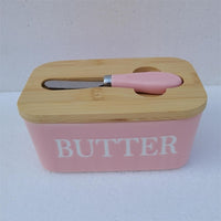 Large Ceramic Butter Dish with Bamboo Lid and Knife