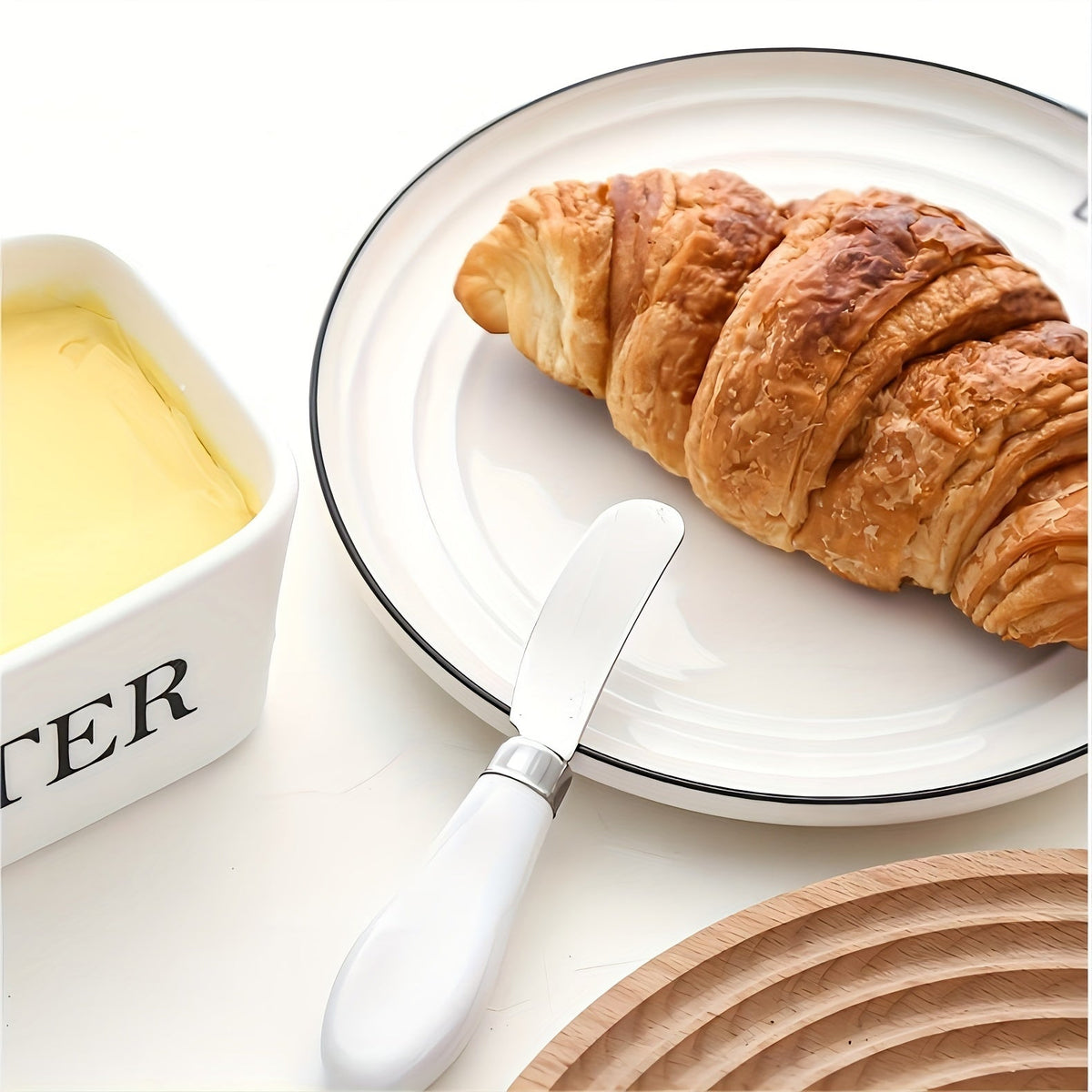 Large Ceramic Butter Dish with Bamboo Lid and Knife