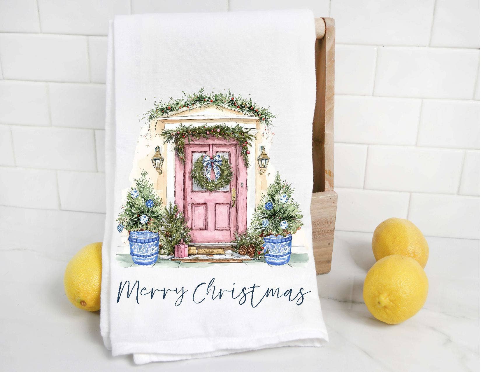 The Preppy Pineapple Home - Personalized Chinoiserie Christmas Door Tea Towel