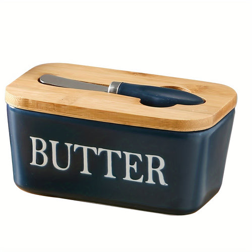 Large Ceramic Butter Dish with Bamboo Lid and Knife