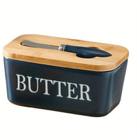 Large Ceramic Butter Dish with Bamboo Lid and Knife