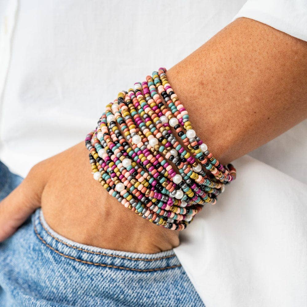 INK + ALLOY - Sage Color Block Beaded 10 Strand Stretch Bracelets Jewel Tone Wholesale