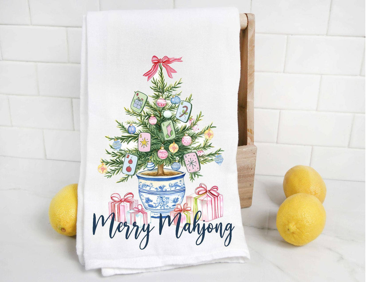 The Preppy Pineapple Home -  Merry Mahjong Chinoiserie Christmas Tree Tea Towel