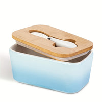 Large Ceramic Butter Dish with Bamboo Lid and Knife