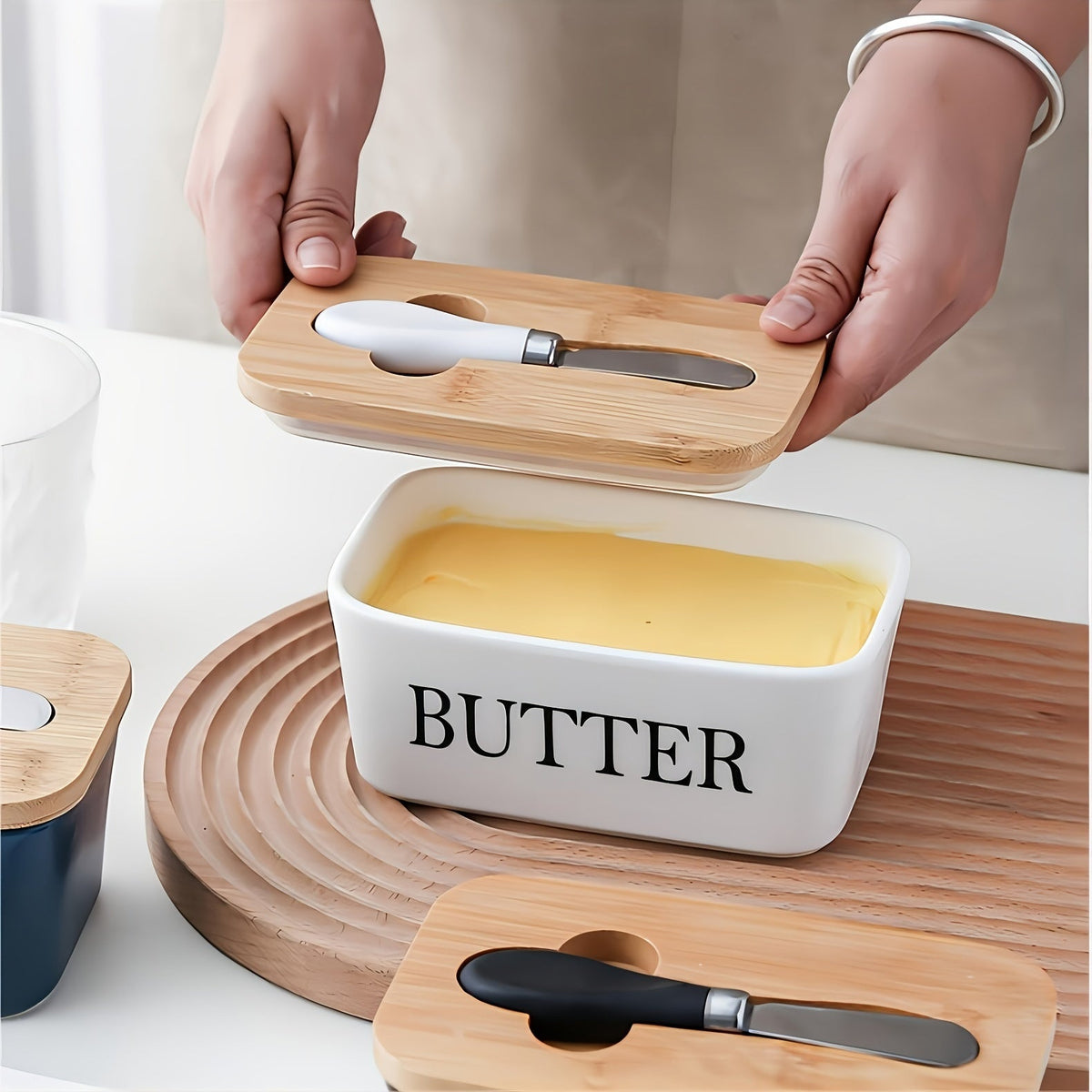 Large Ceramic Butter Dish with Bamboo Lid and Knife