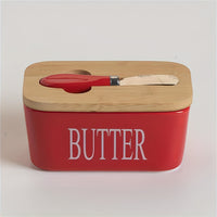 Large Ceramic Butter Dish with Bamboo Lid and Knife