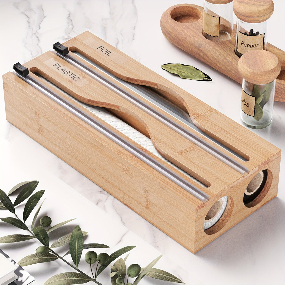 Plastic Film Cutter - Bamboo 2-in-1 Kitchen Wrap Dispenser with Slide