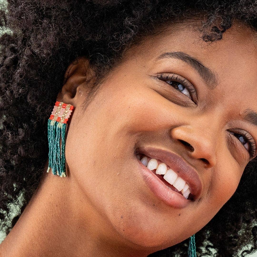 INK + ALLOY - Ava Crossing Colorblock Beaded Fringe Earrings Teal and Poppy Wholesale