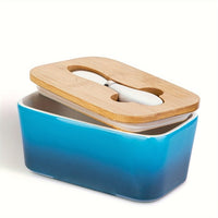 Large Ceramic Butter Dish with Bamboo Lid and Knife