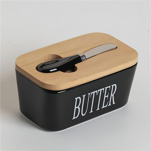 Large Ceramic Butter Dish with Bamboo Lid and Knife