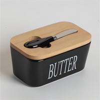 Large Ceramic Butter Dish with Bamboo Lid and Knife