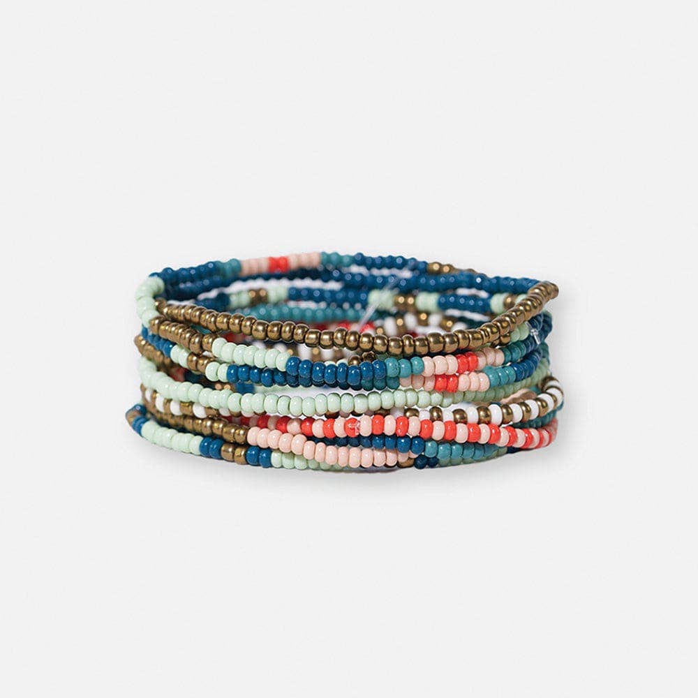 INK + ALLOY - Sage Mixed Stripe Beaded 10 Strand Stretch Bracelet Set Teal + Poppy Wholesale