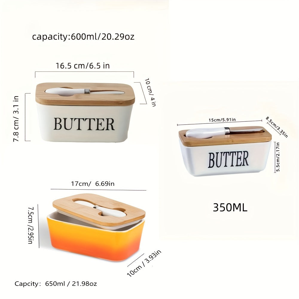 Large Ceramic Butter Dish with Bamboo Lid and Knife