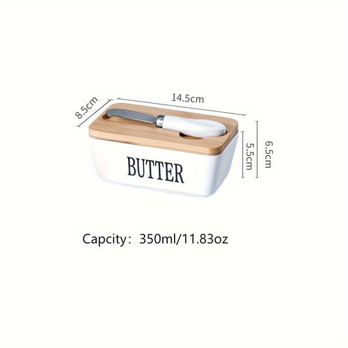 Large Ceramic Butter Dish with Bamboo Lid and Knife