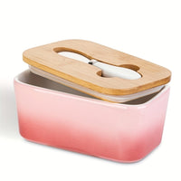 Large Ceramic Butter Dish with Bamboo Lid and Knife