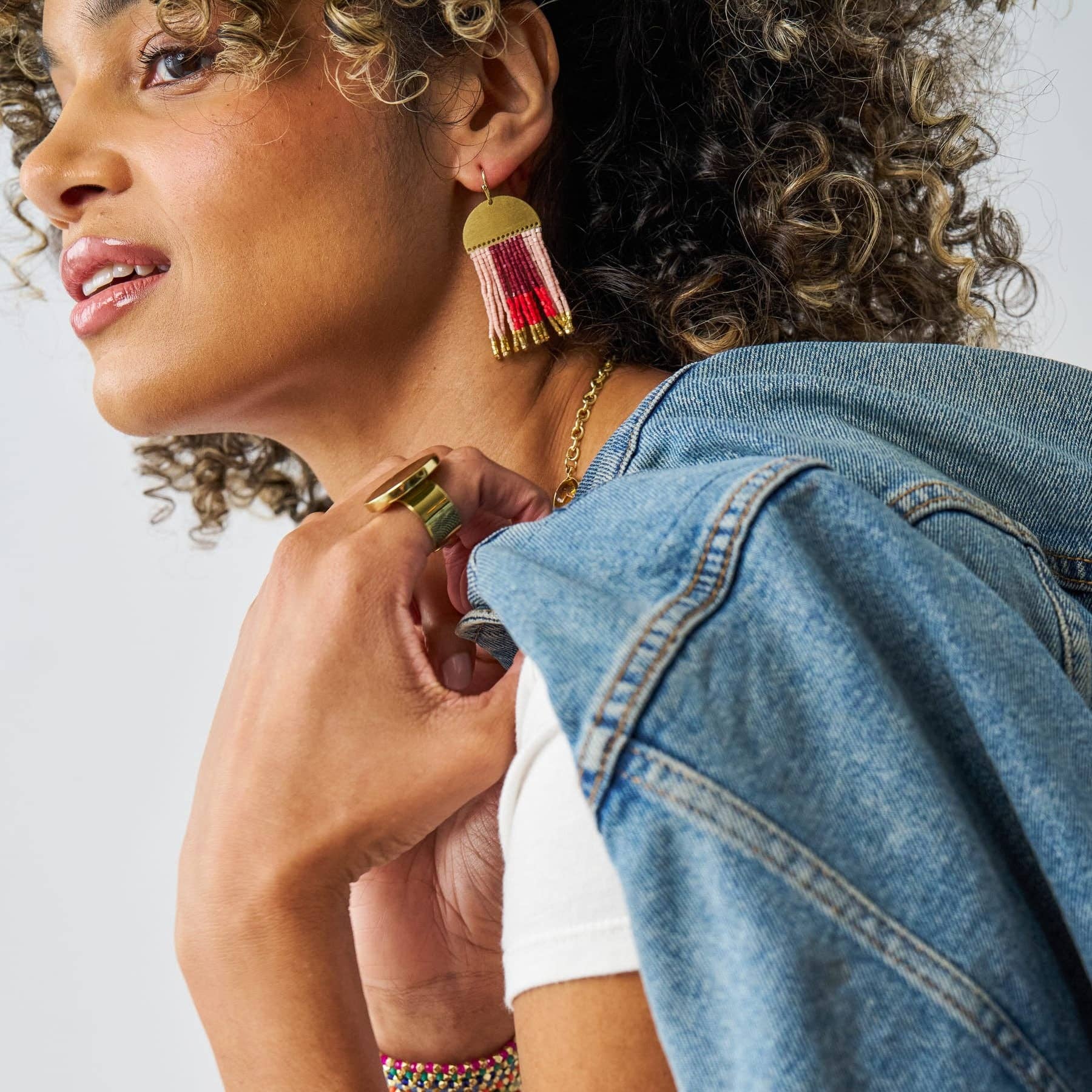INK + ALLOY - Birdie Geometric Beaded Fringe Earrings Dark Red, Red, Blush, + Gold