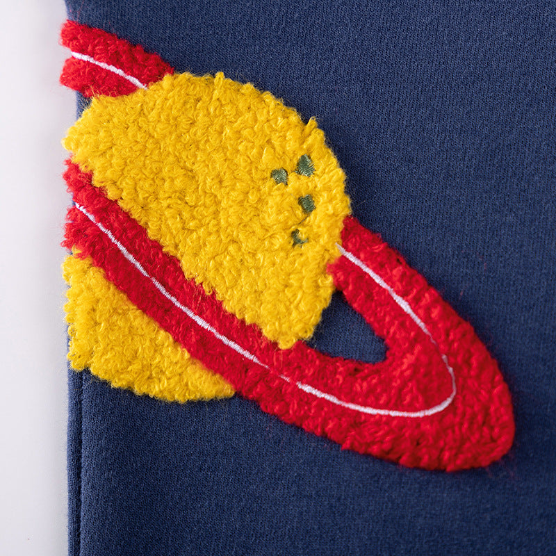 Autumn Arrival Kids Boys Rocket and Planet Cartoon Pattern Crew Neck