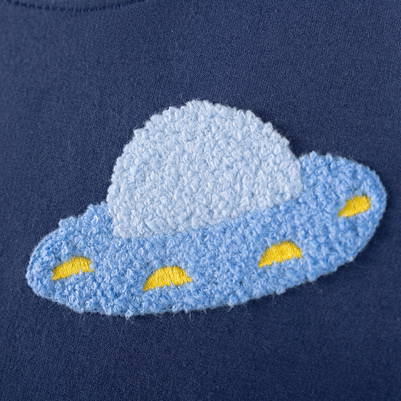 Autumn Arrival Kids Boys Rocket and Planet Cartoon Pattern Crew Neck